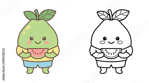 Adorable anthropomorphic fruit character holding a watermelon with cheerful expression and playful colors