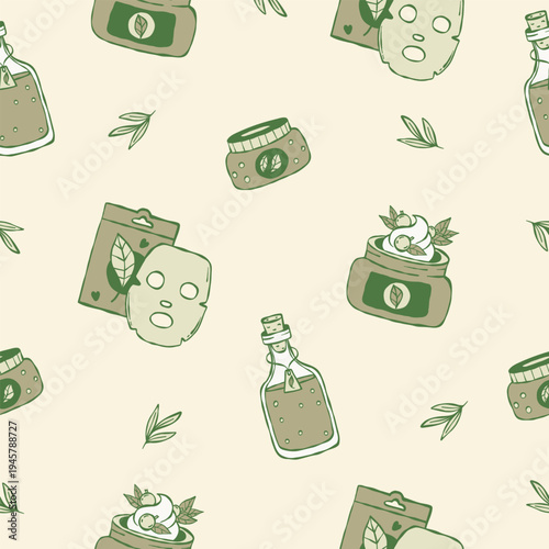 Berry Organic Skin Care Seamless Pattern. Natural Eco Cosmetics with Berries and Herbal Extract. Face Mask, Cream Jars and Serum Bottles Repeating Background. Green hand-drawn Vector illustration