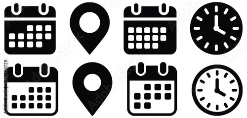 Calendar, time, and map location icons, minimalist vector set for scheduling, deadlines, navigation, reminders, and app or website user interface design.