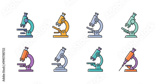 Colorful Microscope Illustrations: Science and Research Vector Designs on White