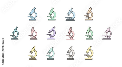 Colorful microscopic illustration showcasing various science instruments, simple and modern design