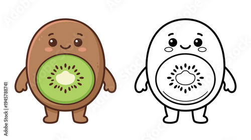 Adorable kiwi character with playful expression, charming cartoon style for children's illustrations