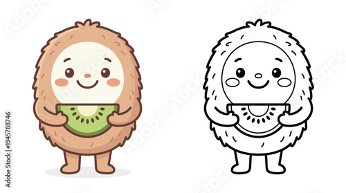 Adorable cartoon hedgehog holding a fresh slice of kiwi fruit in vibrant and minimalistic style perfect for playful illustrations