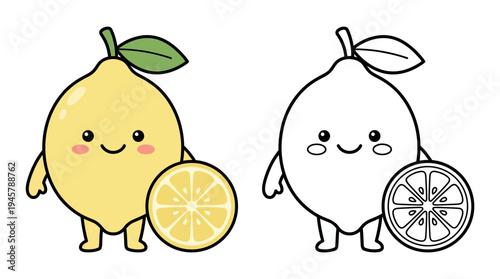 Adorable Cartoon Lemons with Happy Facial Expressions and Lemon Slice in a Cute Style for Kids and Design Projects