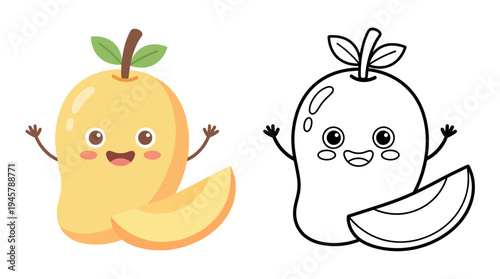 Adorable cheerful mango character with a split mango slice and lively expression, designed in vibrant colors and simple lines