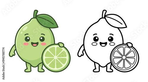 Adorable cartoon lime character holding a freshly sliced half citrus fruit in vibrant and playful illustration suitable for kids