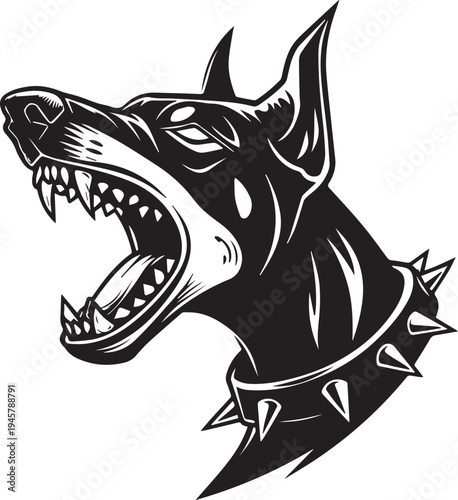 Roaring Doberman Dog Head Aggressive Guard Dog Mascot Black and White Vector Illustration