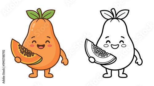 Playful cartoon characters of a happy papaya fruit with vibrant colors and cheerful expressions in a fun illustration style
