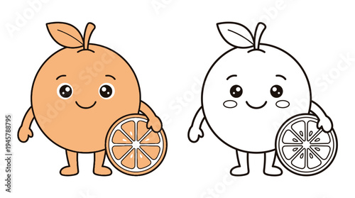 Adorable cartoon citrus fruit characters in colorful and monochrome styles representing playful and cheerful imagery for