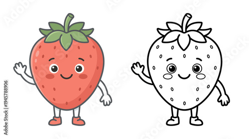 Cute cartoon strawberry character with expressive facial features and playful pose for children's illustrations or educational