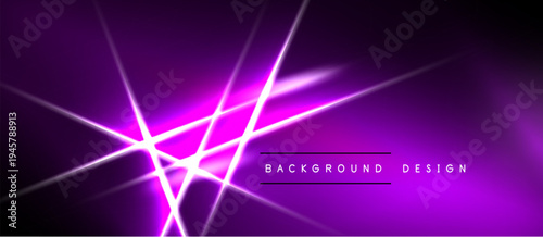 Dark purple background features bright neon lines creating dynamic abstract visual effect. Text reads background design.