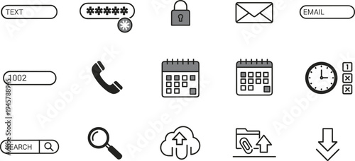 User interface form and communication icon set with password input, email envelope, phone call, calendar schedule, search bar, cloud upload and download