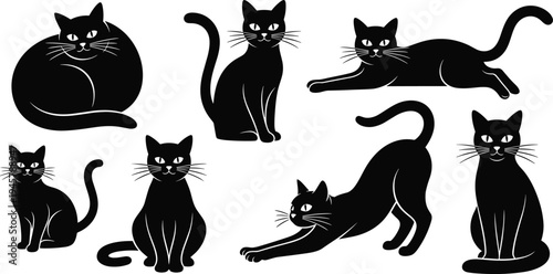 Black Cat Silhouette Vector Set with Various Poses Including Sitting Stretching and Lying Down Isolated on a Clear White Background
