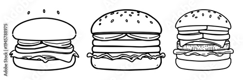 Protein-based meat alternative burger icon set with flat vector design on white background featuring bold borders, sustainable food theme, vegan steak with plant protein and clean lines