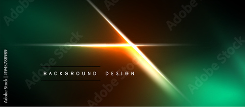 Abstract neon lights create dynamic background. Vivid green, orange hues blend with dark space. Modern design element.