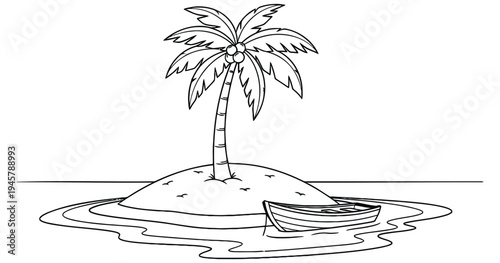 A lone palm tree standing on a small island with a boat nearby in calm waters