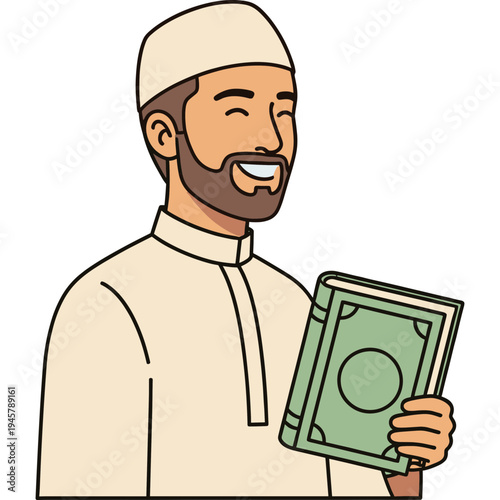 A smiling man in traditional attire happily holds a stack of green bills.