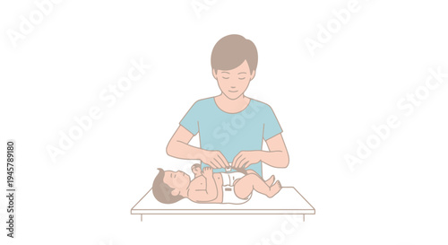 Caregiver tending to a newborn infant on a changing table demonstrating parental care and diaper changing activities in a domestic environment