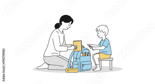 A mother meticulously organizing a child s backpack preparing for school emphasizing education and preparedness for academic activities featuring a
