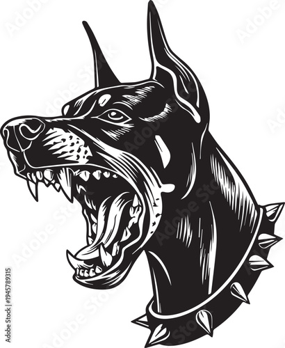 Roaring Doberman Dog Head Aggressive Guard Dog Mascot Black and White Vector Illustration
