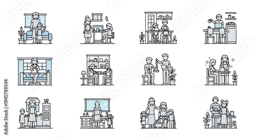 Family life scenes showcasing diverse scenarios including dining cleaning and various other related household activities and domestic situations