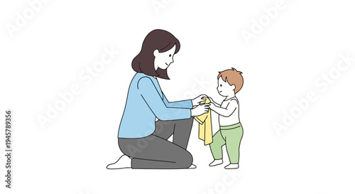 Woman kneeling assisting toddler dress wearing clothes indoors white background family care parenting childhood assistance help mother child home