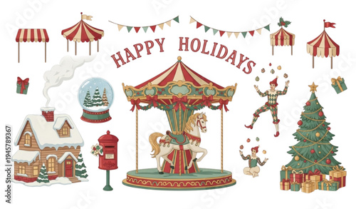 Whimsical Vintage Christmas Vector Illustration with Carousel and Festive Characters