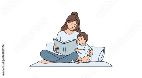 Woman reading to infant on a comfortable surface indoors in daytime educational story and development bonding time learning knowledge