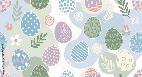 Seamless Easter Egg Pattern with Pastel Colors and Floral Doodles