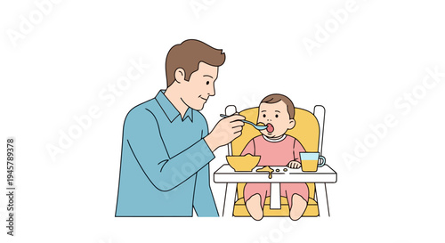 Father feeding infant child food at home sitting in highchair with spoon juice and bowl daily mealtime vector concept