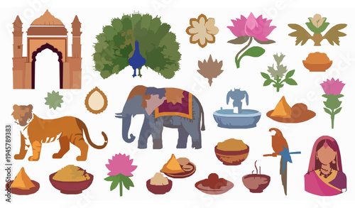 Cute Indian Mughal Vector Illustration Set with Peacock, Elephant and Cultural Motifs