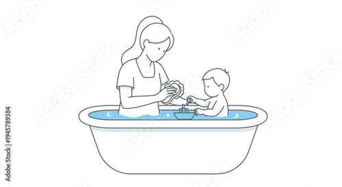 A mother gently washes a baby in a bathtub Simple line drawing of a parent and infant during bath time Healthcare and hygiene concept