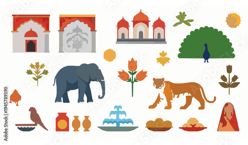 Minimal Indian Mughal Cultural Vector Icons with Animals and Floral Motifs