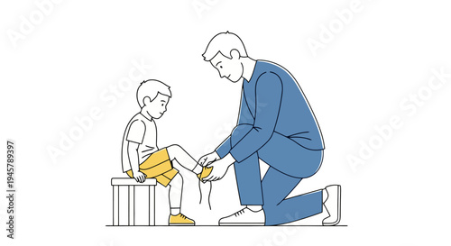 Medical professional assists child with lower leg concern applying support bandage promoting healing and care detailed artwork minimalist style