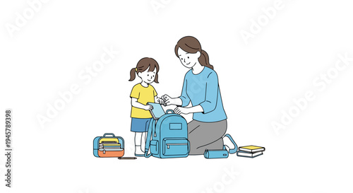 A mother assists her young child by preparing a backpack for school focusing on organization and early education concepts within a home environment