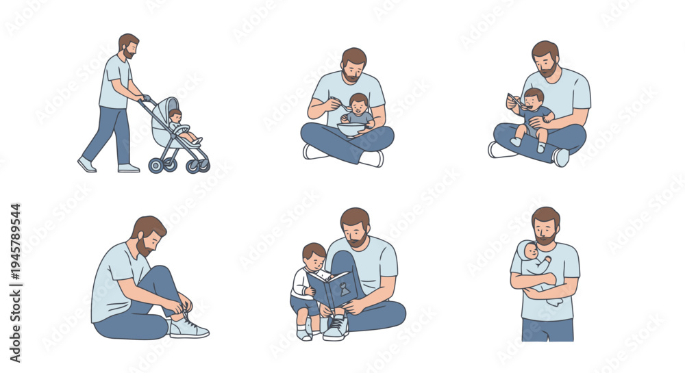 Fototapeta premium Father Interacting With Young Offspring Various Activities Fatherhood Parenting Childcare Family Lifestyle Portrait Parenthood Love Bonding Happy