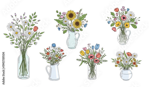 Stylized Hand Drawn Floral Vase Bouquet Vector Illustration for Spring and Summer