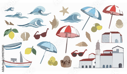 Italian Summer Vacation Doodle Vector Set with Coastal Beach Elements
