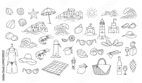 Minimal Hand Drawn Italian Coast Doodle Illustration Vector Collection