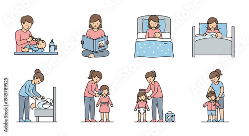 Family Activities Illustration Set Featuring Parents Caring For Children Including Reading Stories Changing Diapers Checking Height and Putting