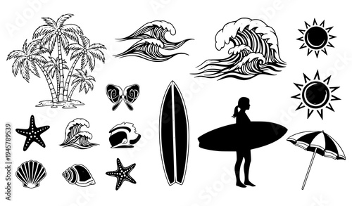 Chalk Doodle Tropical Surf and Beach Vector Set with Palm Trees and Surfer