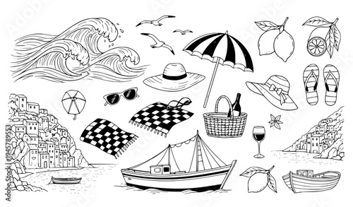 Stylized Italian Coastal Summer Doodle Vector Set for Beach Party and Wedding Design