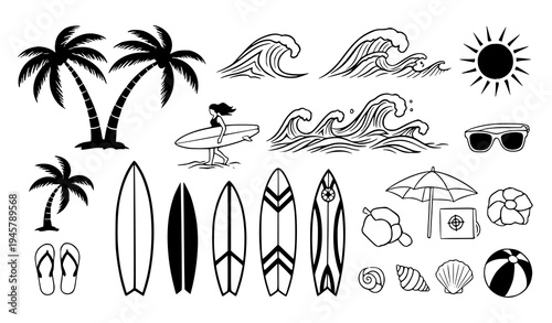 Minimal Chalk Surf Beach Doodle Vector Icons with Tropical Elements