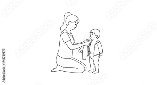 A mother helping her young child get dressed a simple outlined drawing suitable for educational content and family related publications