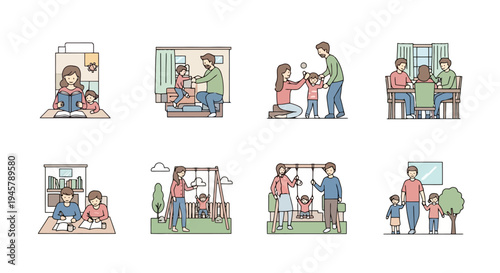 Family moments depicted in various scenes showing parents and children engaged in activities representing daily life and relationships indoors and