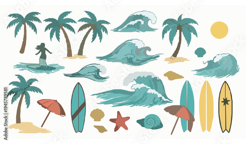 Stylized Tropical Surf Chalk Doodle Vector Illustration Set for Summer Designs