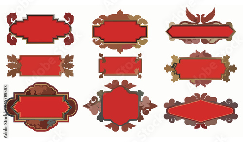 Chinese Red Frames with Gold Border Patterns Vector Oriental Label Set