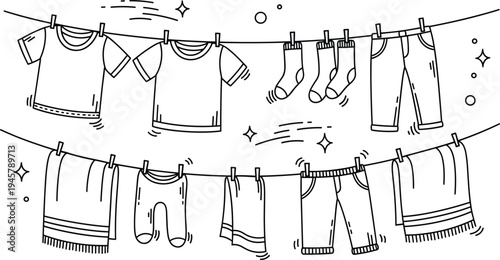 Clothes hanging on laundry line vector illustration, hand drawn laundry drying concept with shirts, socks, pants and towels outline design