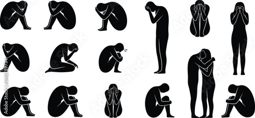 Large Set of Sad Human Silhouettes Representing Depression Anxiety Grief and Mental Health Problems Vector Illustration Isolated on White Background for Psychology Posters
