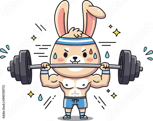 Cute strong bunny lifting barbell cartoon illustration, funny muscular rabbit athlete character for fitness, gym workout, bodybuilding mascot design